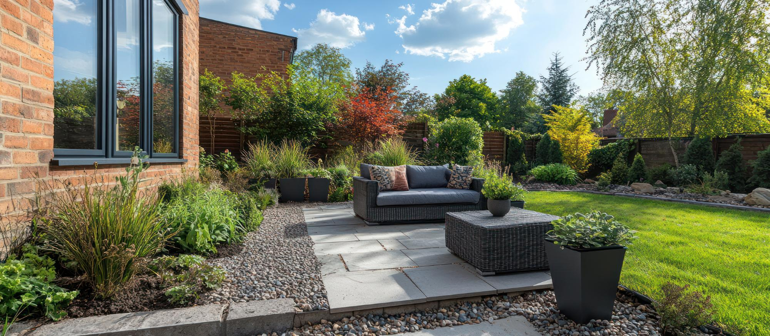 Un patio moderne avec un canapé gris, une table à café et une pelouse verte luxuriante entourée d'arbres et d'arbustes.